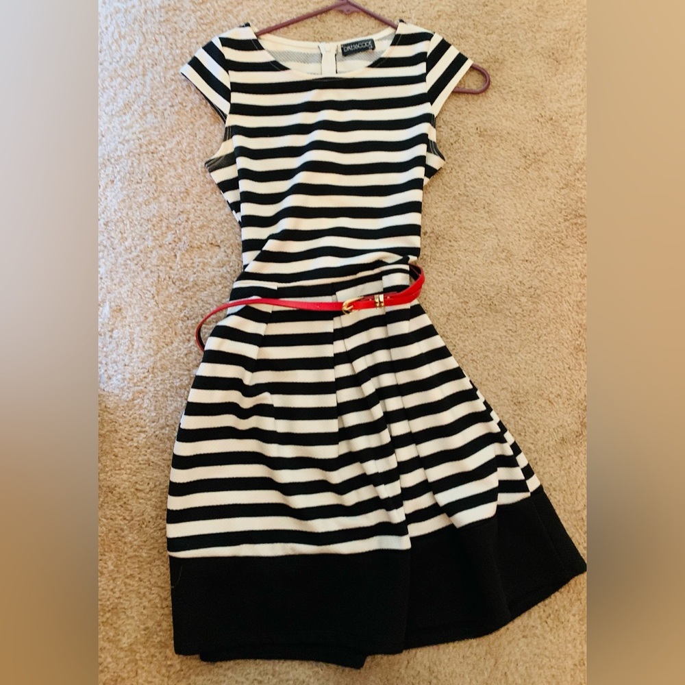 Elegant black and white Striped Dress with Red Belt